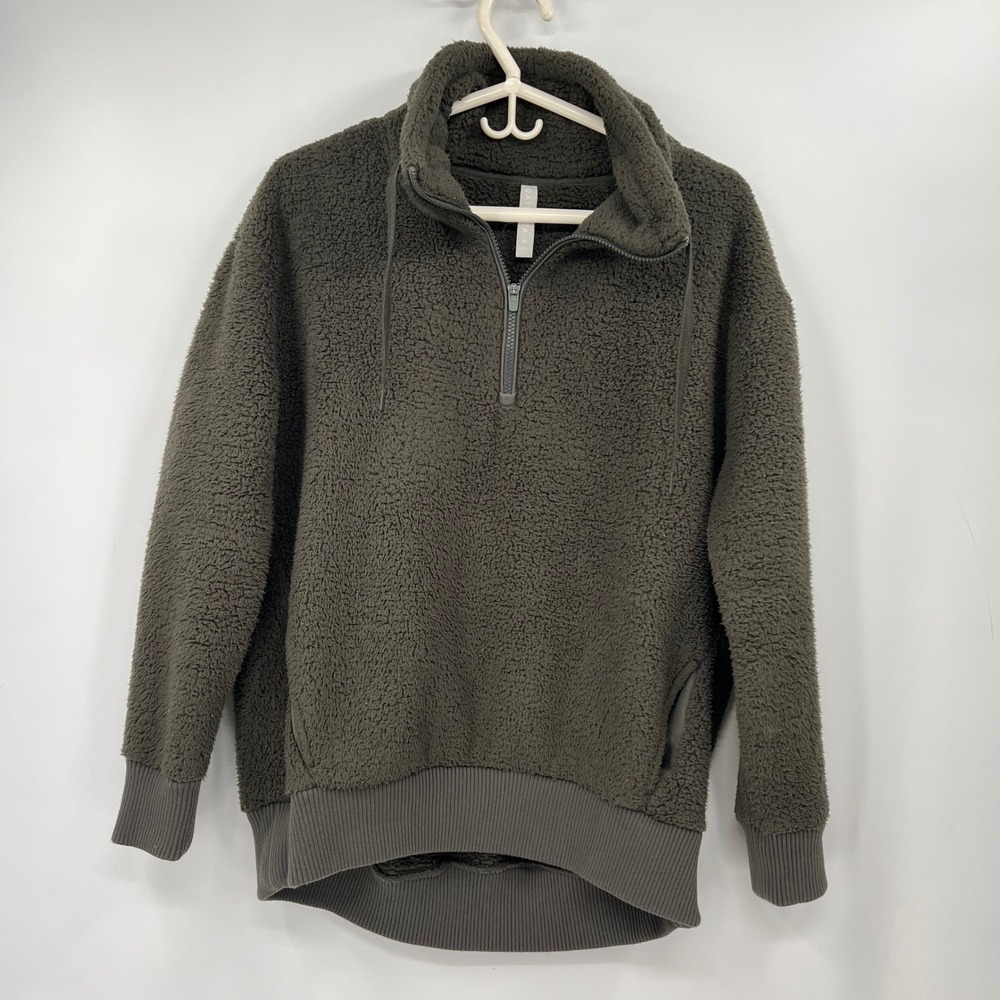 Athleta Sherpa Fleece Quarter Zip Pullover Sweatshirt Olive Green Women's M